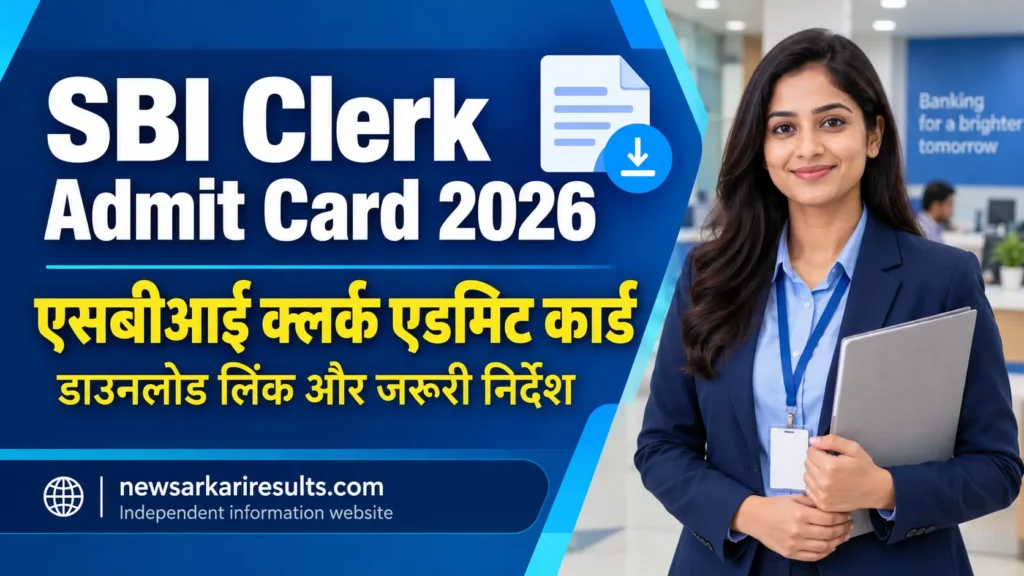 SBI Clerk Admit Card 2026 banner with Hindi text and a woman in formal banking attire.