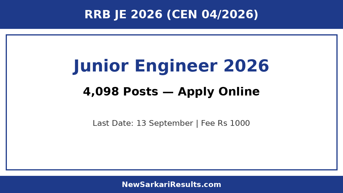 RRB JE Recruitment 2026 CEN 04/2026 — 4098 Posts, Last Date 13 September